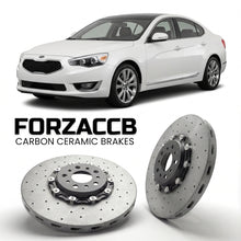 ForzaCCB direct OEM replacement carbon ceramic brake rotors for 2009 to 2013 Kia Cadenza models, shown with a white Kia Cadenza car.