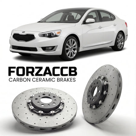 ForzaCCB direct OEM replacement carbon ceramic brake rotors for 2009 to 2013 Kia Cadenza models, shown with a white Kia Cadenza car.