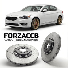 ForzaCCB direct OEM replacement carbon ceramic brake rotors for 2013-2016) Kia Cadenza I (facelift 2013 models, shown with a white Kia Cadenza car.