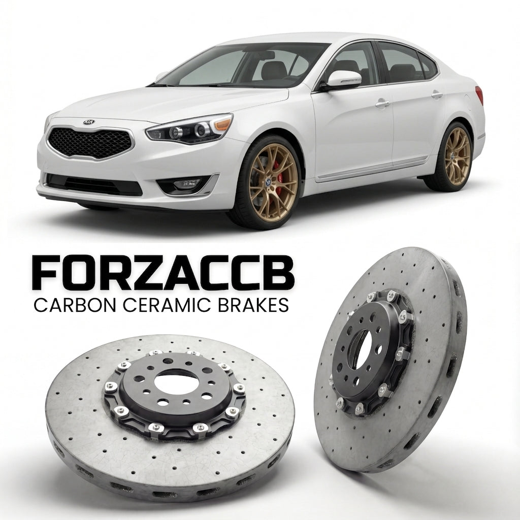 ForzaCCB direct OEM replacement carbon ceramic brake rotors for 2013-2016) Kia Cadenza I (facelift 2013 models, shown with a white Kia Cadenza car.