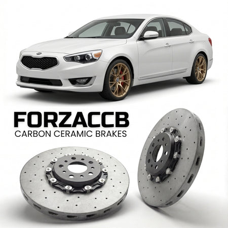 ForzaCCB direct OEM replacement carbon ceramic brake rotors for 2013-2016) Kia Cadenza I (facelift 2013 models, shown with a white Kia Cadenza car.
