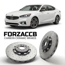 ForzaCCB direct OEM replacement carbon ceramic brake rotors for 2016 to 2019 Kia Cadenza II models, shown with a white Kia Cadenza car.