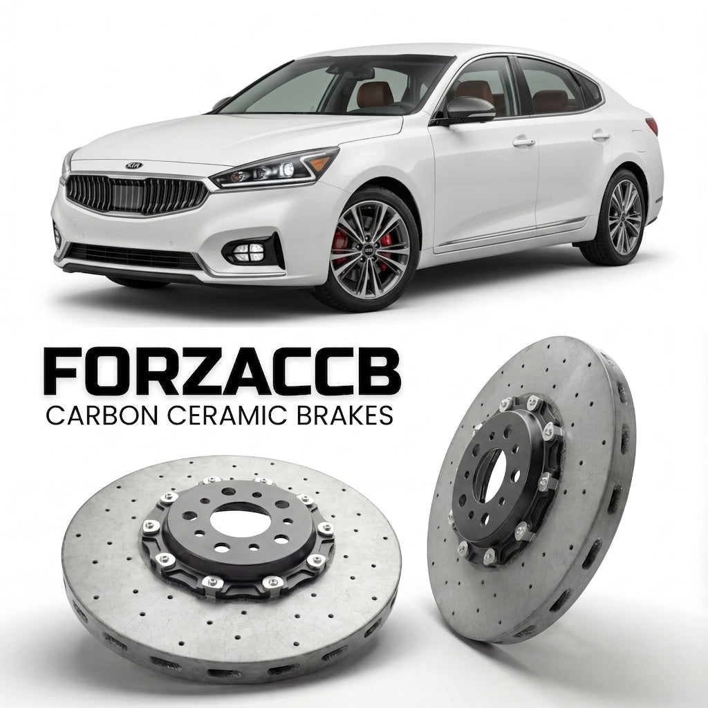 ForzaCCB direct OEM replacement carbon ceramic brake rotors for 2016 to 2019 Kia Cadenza II models, shown with a white Kia Cadenza car.