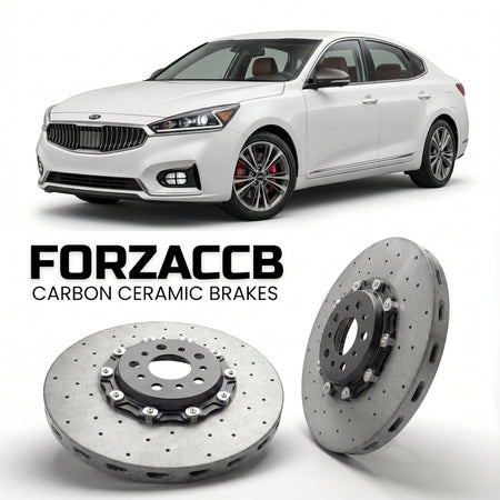 ForzaCCB direct OEM replacement carbon ceramic brake rotors for 2016 to 2019 Kia Cadenza II models, shown with a white Kia Cadenza car.