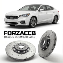 ForzaCCB direct OEM replacement carbon ceramic brake rotors for 2019-2021) Kia Cadenza II (facelift 2019 models, shown with a white Kia Cadenza car.