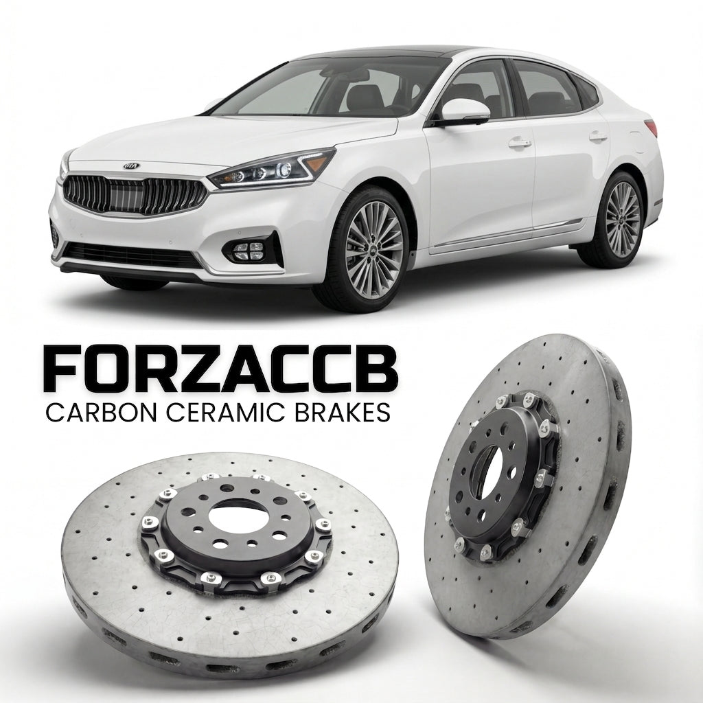 ForzaCCB direct OEM replacement carbon ceramic brake rotors for 2019-2021) Kia Cadenza II (facelift 2019 models, shown with a white Kia Cadenza car.