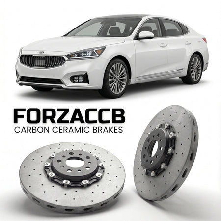 ForzaCCB direct OEM replacement carbon ceramic brake rotors for 2019-2021) Kia Cadenza II (facelift 2019 models, shown with a white Kia Cadenza car.