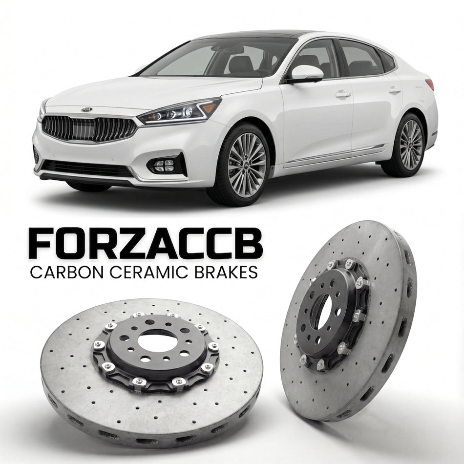 ForzaCCB direct OEM replacement carbon ceramic brake rotors for 2019-2021) Kia Cadenza II (facelift 2019 models, shown with a white Kia Cadenza car.