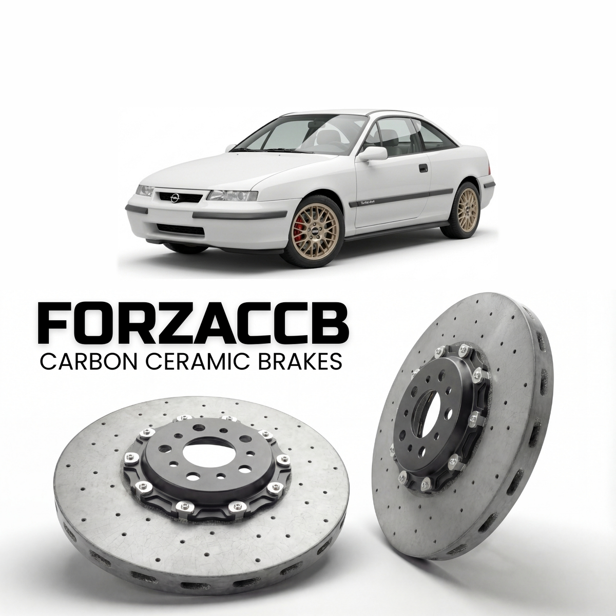 ForzaCCB direct OEM replacement carbon ceramic brake rotors for 1992 to 1996 Opel Calibra Turbo / V6 models, shown with a white Opel Calibra Turbo / V6 car.