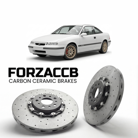 ForzaCCB direct OEM replacement carbon ceramic brake rotors for 1992 to 1996 Opel Calibra Turbo / V6 models, shown with a white Opel Calibra Turbo / V6 car.