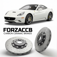 ForzaCCB direct OEM replacement carbon ceramic brake rotors for 2008 to 2014 Ferrari California models, shown with a white Ferrari California car.