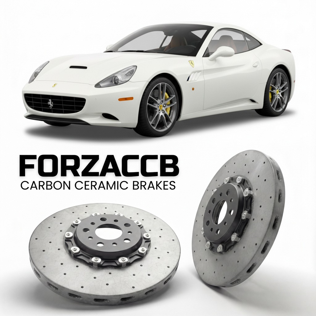 ForzaCCB direct OEM replacement carbon ceramic brake rotors for 2008 to 2014 Ferrari California models, shown with a white Ferrari California car.