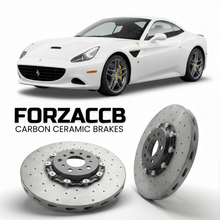 ForzaCCB direct OEM replacement carbon ceramic brake rotors for 2014 to 2017 Ferrari California T models, shown with a white Ferrari California T car.