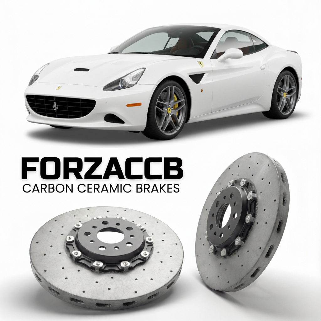 ForzaCCB direct OEM replacement carbon ceramic brake rotors for 2014 to 2017 Ferrari California T models, shown with a white Ferrari California T car.