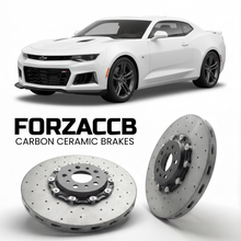 ForzaCCB direct OEM replacement carbon ceramic brake rotors for 2017 to 2024 Chevrolet Camaro SS 1LE Gen 6 models, shown with a white Chevrolet Camaro SS 1LE car.