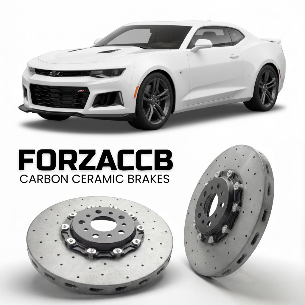 ForzaCCB direct OEM replacement carbon ceramic brake rotors for 2017 to 2024 Chevrolet Camaro SS 1LE Gen 6 models, shown with a white Chevrolet Camaro SS 1LE car.