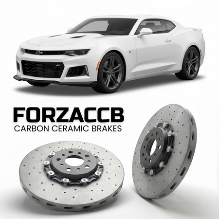 ForzaCCB direct OEM replacement carbon ceramic brake rotors for 2017 to 2024 Chevrolet Camaro SS 1LE Gen 6 models, shown with a white Chevrolet Camaro SS 1LE car.