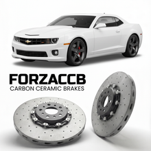 ForzaCCB direct OEM replacement carbon ceramic brake rotors for 2014 to 2015 Chevrolet Camaro Z/28 Gen 5 models, shown with a white Chevrolet Camaro Z/28 car.