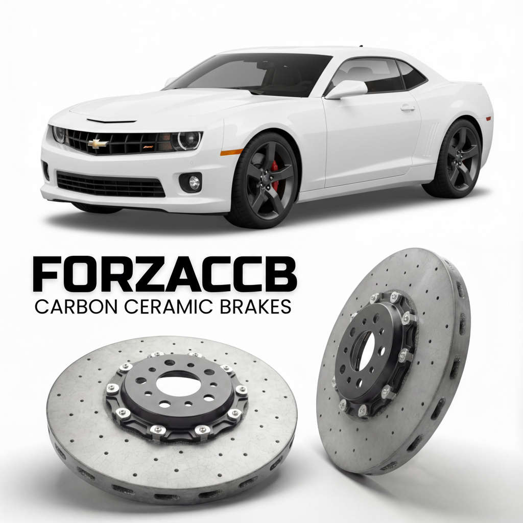 ForzaCCB direct OEM replacement carbon ceramic brake rotors for 2014 to 2015 Chevrolet Camaro Z/28 Gen 5 models, shown with a white Chevrolet Camaro Z/28 car.