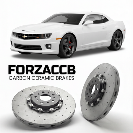 ForzaCCB direct OEM replacement carbon ceramic brake rotors for 2014 to 2015 Chevrolet Camaro Z/28 Gen 5 models, shown with a white Chevrolet Camaro Z/28 car.