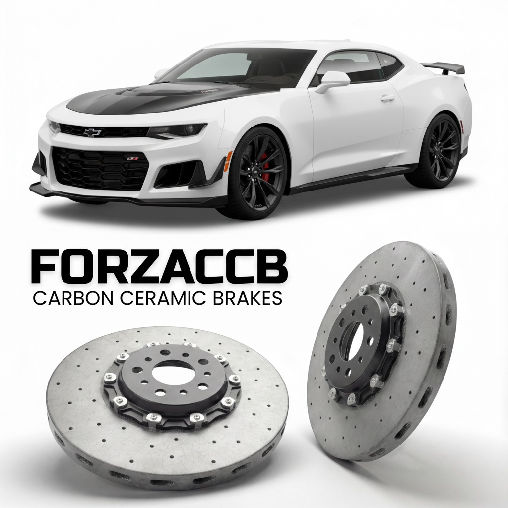 ForzaCCB direct OEM replacement carbon ceramic brake rotors for 2018 to 2024 Chevrolet Camaro ZL1 1LE Gen 6 models, shown with a white Chevrolet Camaro ZL1 1LE car.