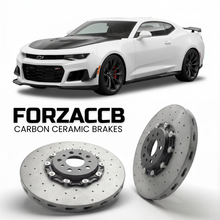 ForzaCCB direct OEM replacement carbon ceramic brake rotors for 2018 to 2024 Chevrolet Camaro ZL1 1LE Gen 6 models, shown with a white Chevrolet Camaro ZL1 1LE car.