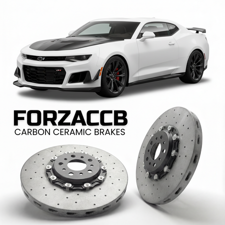 ForzaCCB direct OEM replacement carbon ceramic brake rotors for 2018 to 2024 Chevrolet Camaro ZL1 1LE Gen 6 models, shown with a white Chevrolet Camaro ZL1 1LE car.