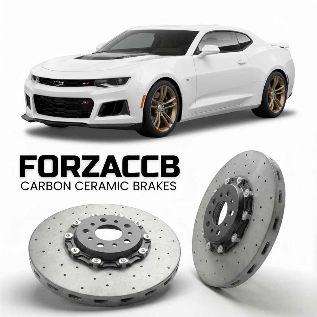 ForzaCCB direct OEM replacement carbon ceramic brake rotors for 2017 to 2024 Chevrolet Camaro ZL1 Gen 6 models, shown with a white Chevrolet Camaro ZL1 car.