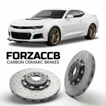 ForzaCCB direct OEM replacement carbon ceramic brake rotors for 2017 to 2024 Chevrolet Camaro ZL1 Gen 6 models, shown with a white Chevrolet Camaro ZL1 car.