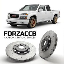 ForzaCCB direct OEM replacement carbon ceramic brake rotors for 2005 to 2012 GMC Canyon I Crew cab models, shown with a white GMC Canyon car.