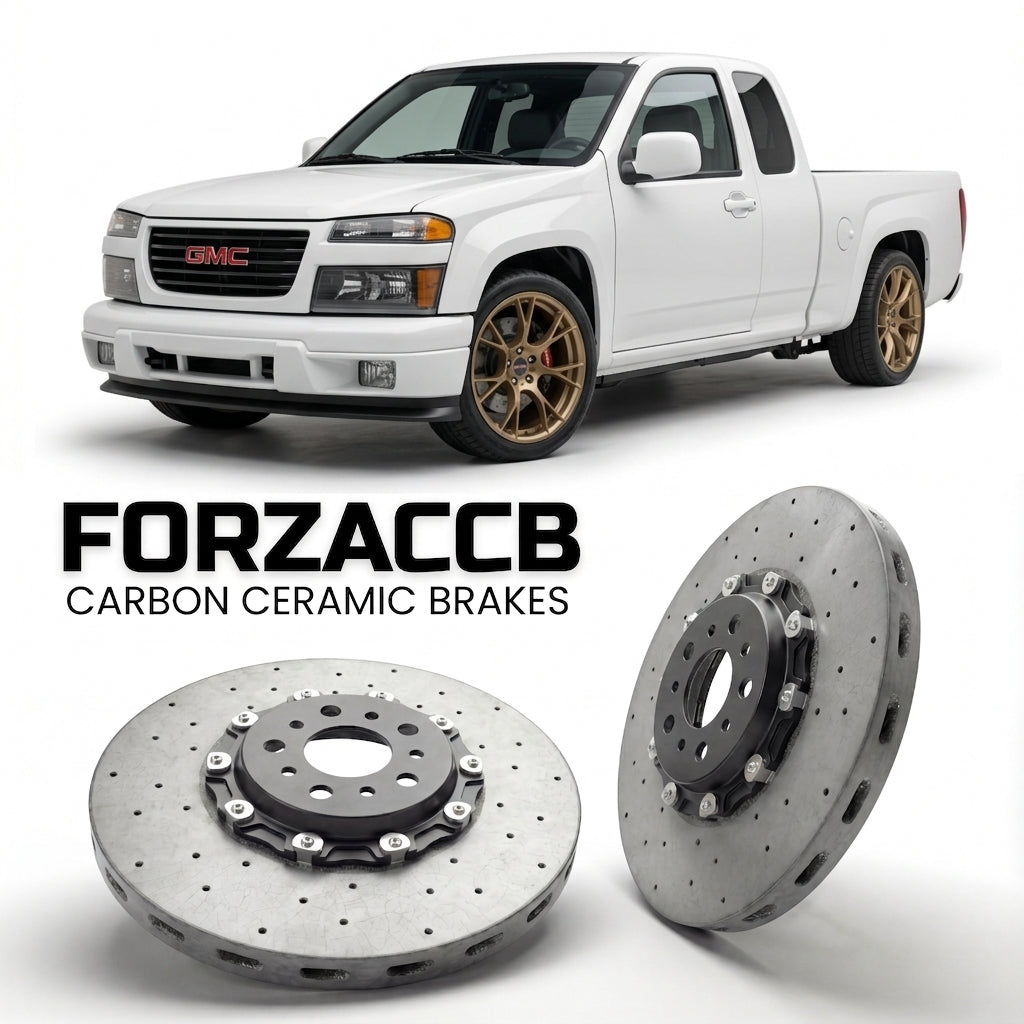 ForzaCCB direct OEM replacement carbon ceramic brake rotors for 2005 to 2012 GMC Canyon I Extended cab models, shown with a white GMC Canyon car.