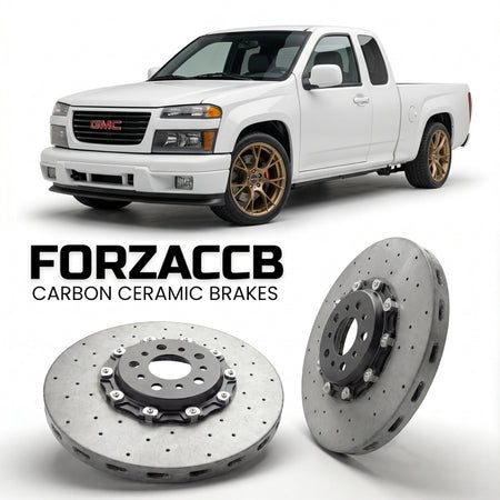 ForzaCCB direct OEM replacement carbon ceramic brake rotors for 2005 to 2012 GMC Canyon I Extended cab models, shown with a white GMC Canyon car.