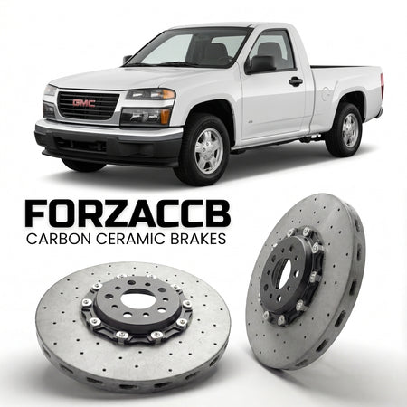 ForzaCCB direct OEM replacement carbon ceramic brake rotors for 2005 to 2012 GMC Canyon I Regular cab models, shown with a white GMC Canyon car.