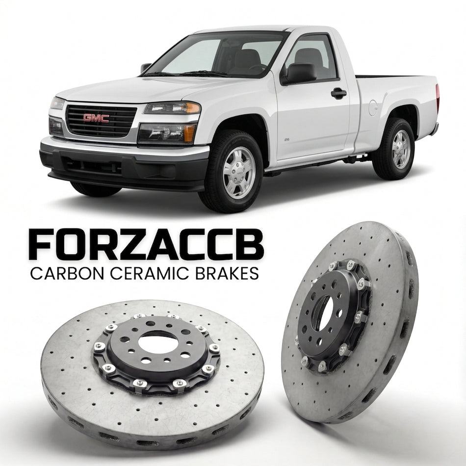 ForzaCCB direct OEM replacement carbon ceramic brake rotors for 2005 to 2012 GMC Canyon I Regular cab models, shown with a white GMC Canyon car.