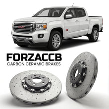 ForzaCCB direct OEM replacement carbon ceramic brake rotors for 2015 to 2020 GMC Canyon II Crew cab models, shown with a white GMC Canyon car.
