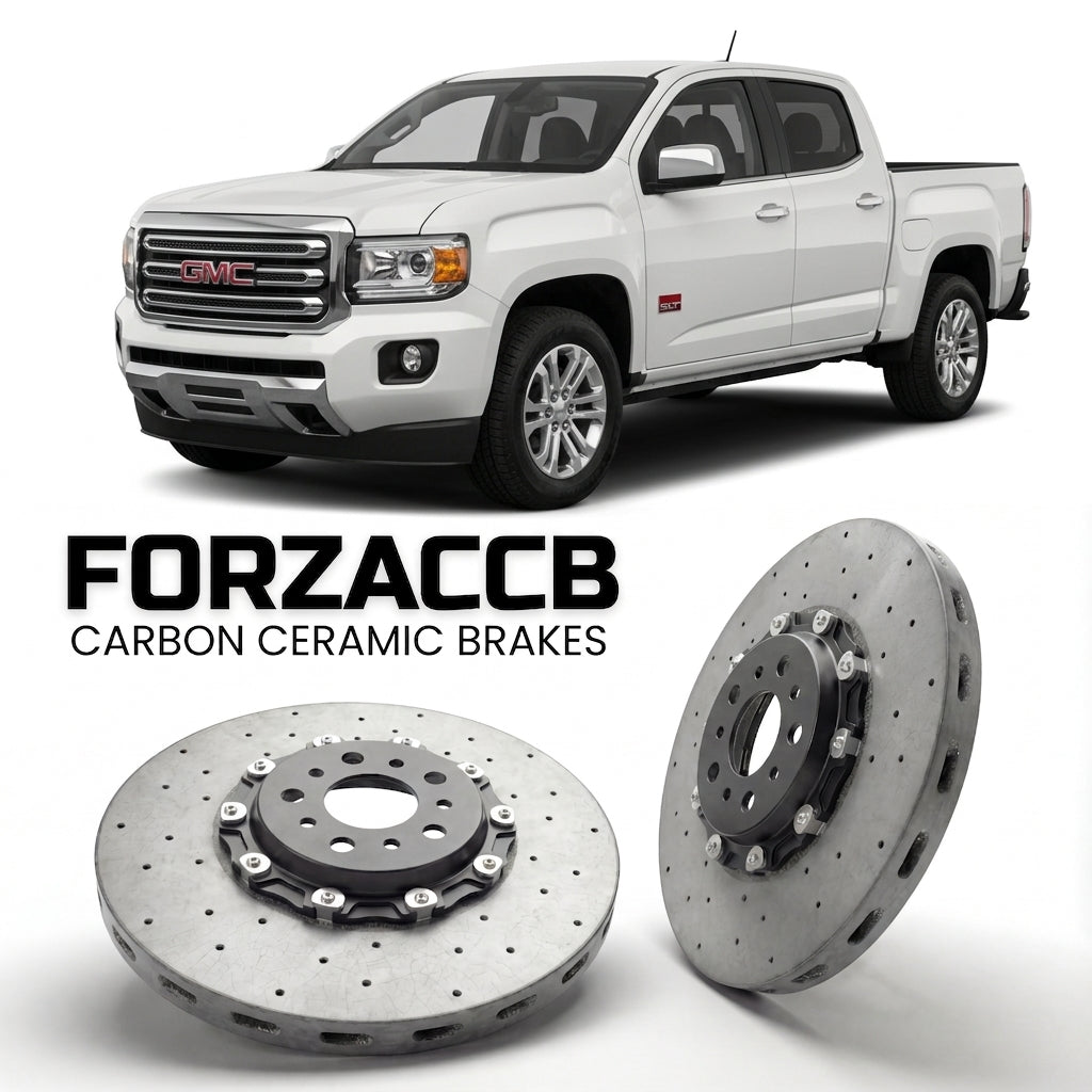 ForzaCCB direct OEM replacement carbon ceramic brake rotors for 2015 to 2020 GMC Canyon II Crew cab models, shown with a white GMC Canyon car.