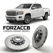 ForzaCCB direct OEM replacement carbon ceramic brake rotors for 2015 to 2020 GMC Canyon II Crew cab Long box models, shown with a white GMC Canyon car.