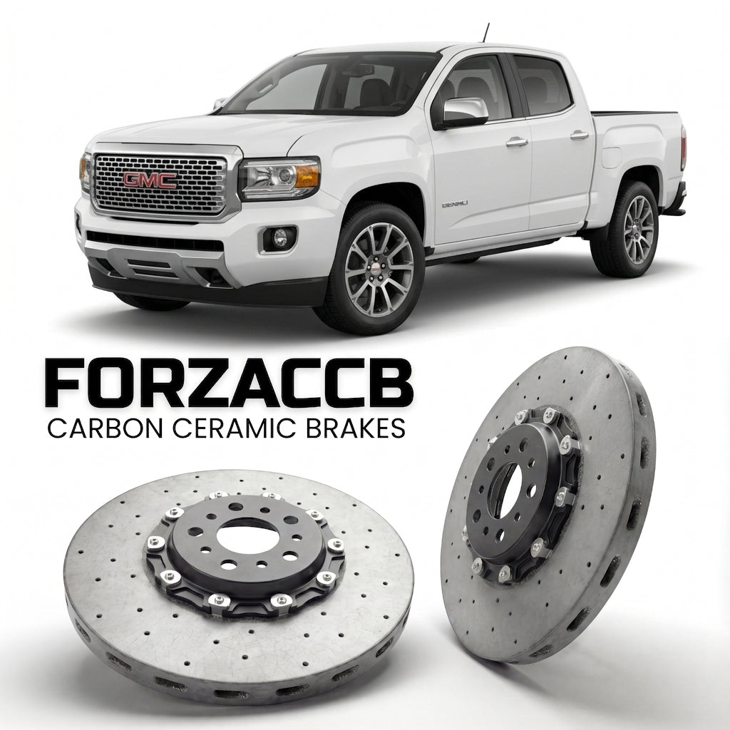 ForzaCCB direct OEM replacement carbon ceramic brake rotors for 2015 to 2020 GMC Canyon II Crew cab Long box models, shown with a white GMC Canyon car.