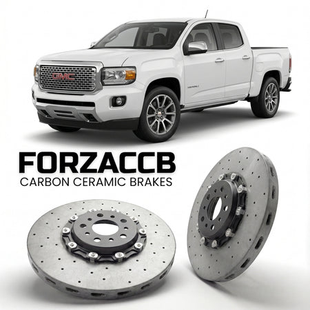 ForzaCCB direct OEM replacement carbon ceramic brake rotors for 2015 to 2020 GMC Canyon II Crew cab Long box models, shown with a white GMC Canyon car.