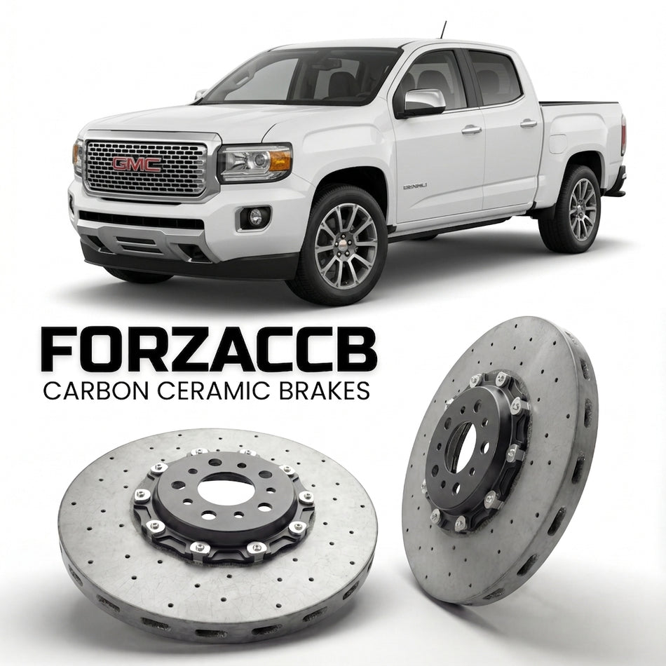 ForzaCCB direct OEM replacement carbon ceramic brake rotors for 2015 to 2020 GMC Canyon II Crew cab Long box models, shown with a white GMC Canyon car.