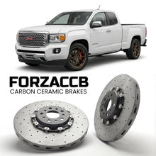 ForzaCCB direct OEM replacement carbon ceramic brake rotors for 2015 to 2020 GMC Canyon II Extended cab Long box models, shown with a white GMC Canyon car.