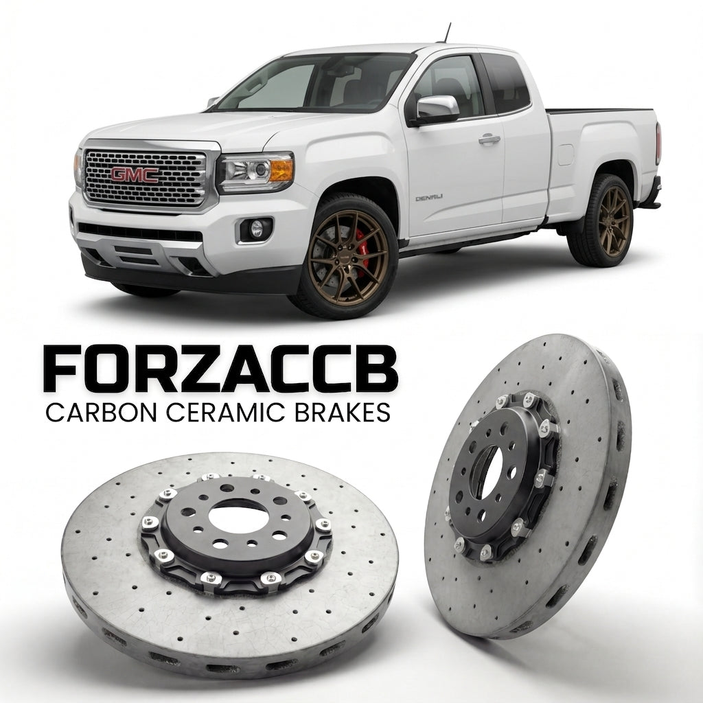 ForzaCCB direct OEM replacement carbon ceramic brake rotors for 2015 to 2020 GMC Canyon II Extended cab Long box models, shown with a white GMC Canyon car.