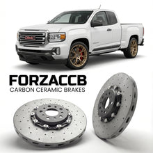 ForzaCCB direct OEM replacement carbon ceramic brake rotors for 2021-2022 Extended cab) GMC Canyon II (facelift 2021 models, shown with a white GMC Canyon car.