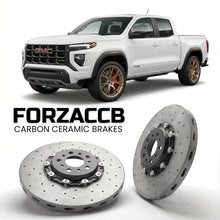 ForzaCCB direct OEM replacement carbon ceramic brake rotors for 2023 and newer GMC Canyon III Crew Cab models, shown with a white GMC Canyon car.