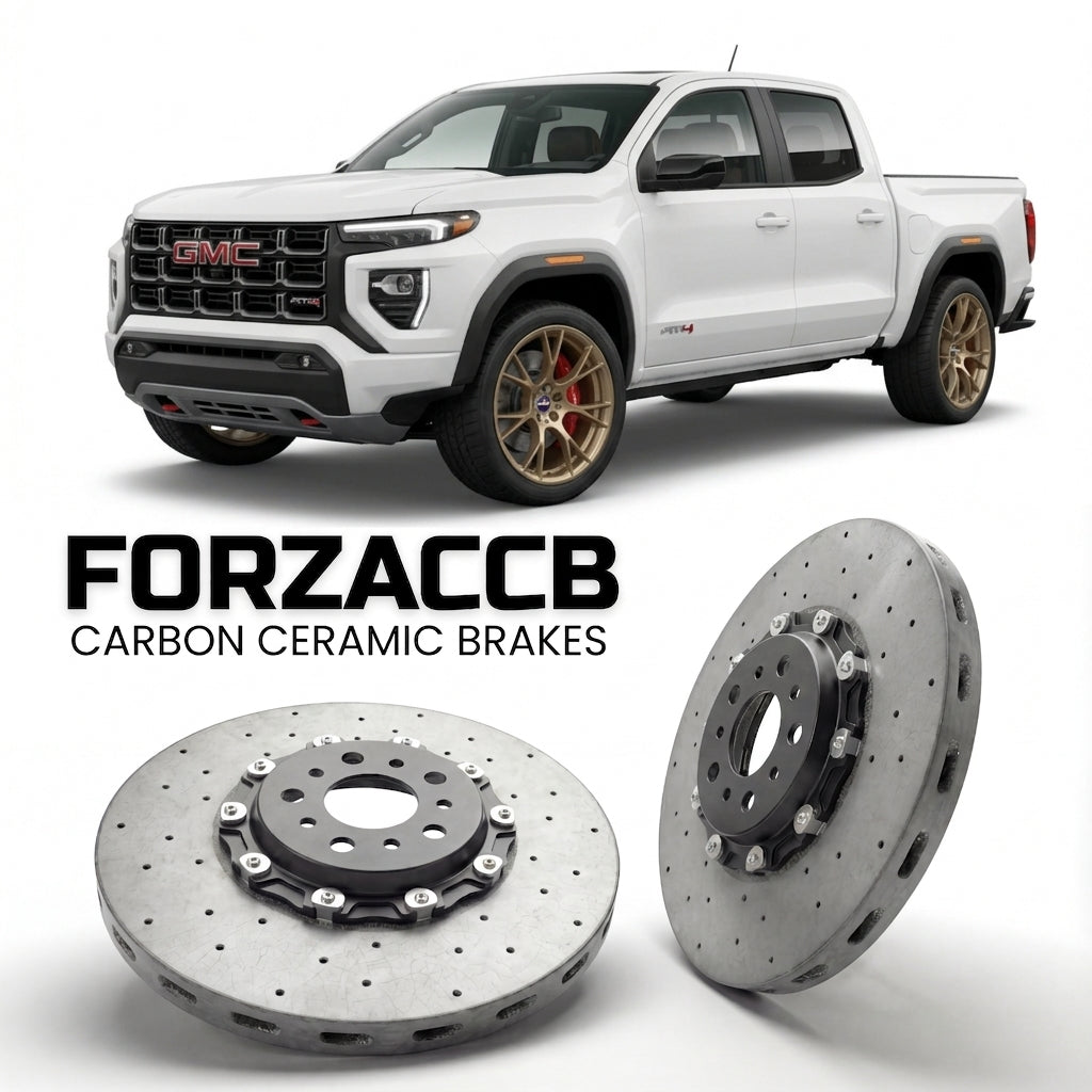 ForzaCCB direct OEM replacement carbon ceramic brake rotors for 2023 and newer GMC Canyon III Crew Cab models, shown with a white GMC Canyon car.