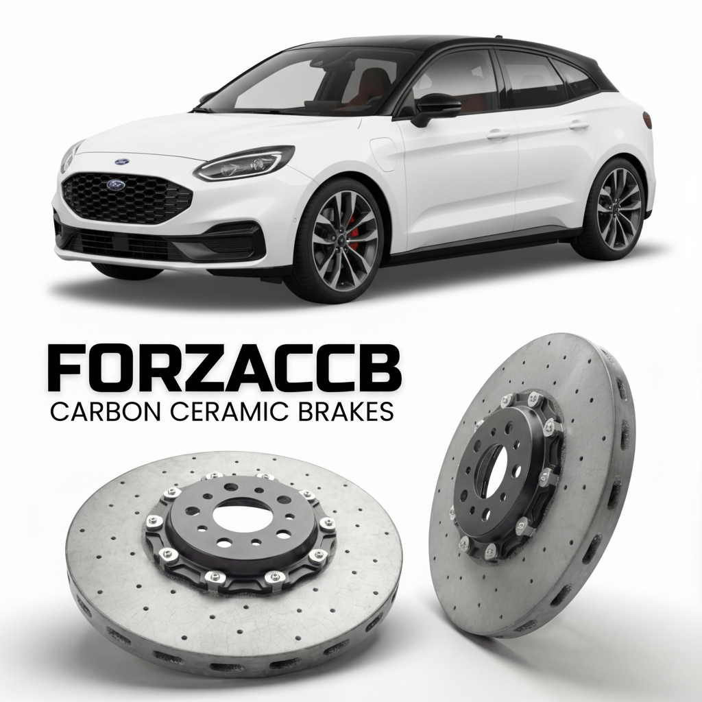ForzaCCB direct OEM replacement carbon ceramic brake rotors for 2024 and newer Ford Capri EV models, shown with a white Ford Capri EV car.