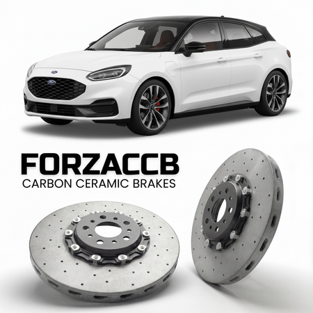 ForzaCCB direct OEM replacement carbon ceramic brake rotors for 2024 and newer Ford Capri EV models, shown with a white Ford Capri EV car.
