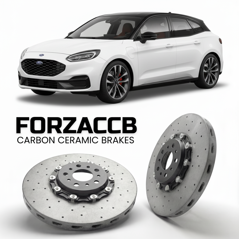 ForzaCCB direct OEM replacement carbon ceramic brake rotors for 2024 and newer Ford Capri EV models, shown with a white Ford Capri EV car.