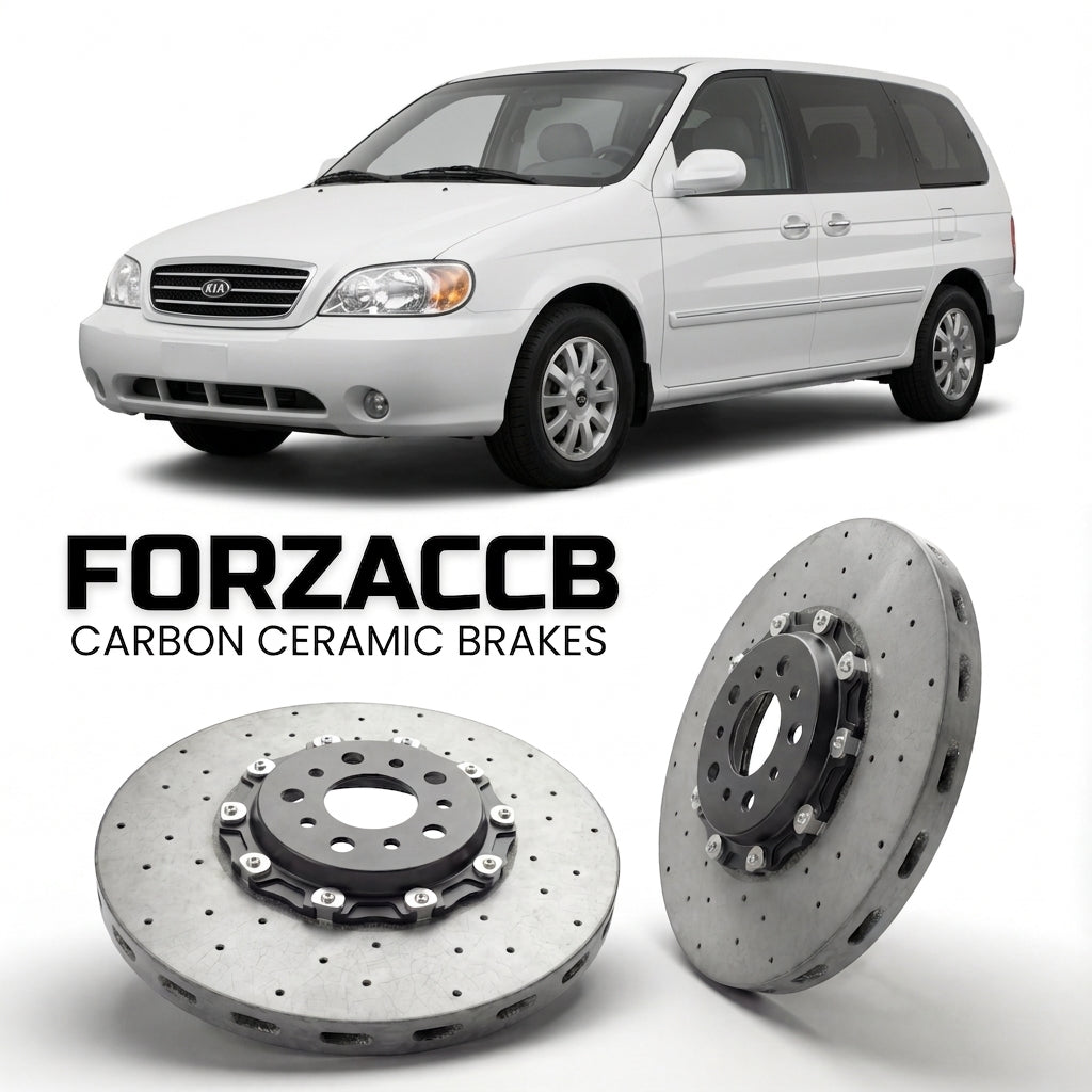 ForzaCCB direct OEM replacement carbon ceramic brake rotors for 2005-2006) Kia Carnival I (UP/GQ, facelift 2001 models, shown with a white Kia Carnival car.