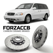 ForzaCCB direct OEM replacement carbon ceramic brake rotors for 2005-2006) Kia Carnival I (UP/GQ, facelift 2001 models, shown with a white Kia Carnival car.